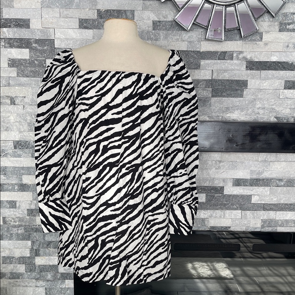 ZARA BLACK & WHITE ANIMAL ZEBRA PRINT SHORT PUFF SLEEVES POPLIN DRESS SIZE XS